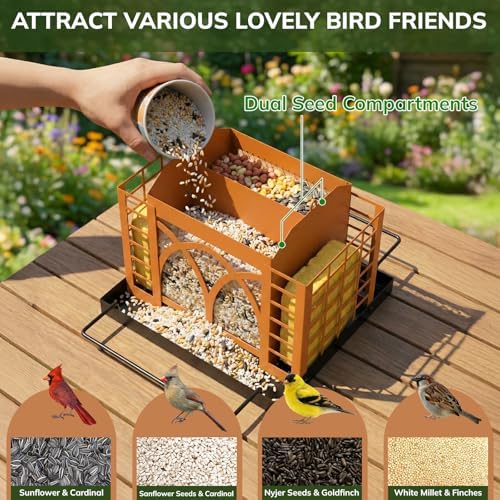 Bird Feeders for Outdoors Hanging, Metal Bird Feeder with Double Suet Cage Weatherproof Metal Roof, 3.5Lbs Large Capacity Great for Attracting Finch Cardinal Chickadee Wild Birds, Pinecone Brown