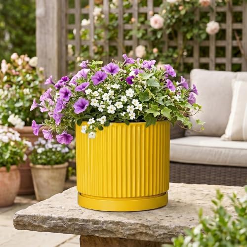 Ceramic Pots for Plants, 10 Inch Plant Pots with Tray, Yellow