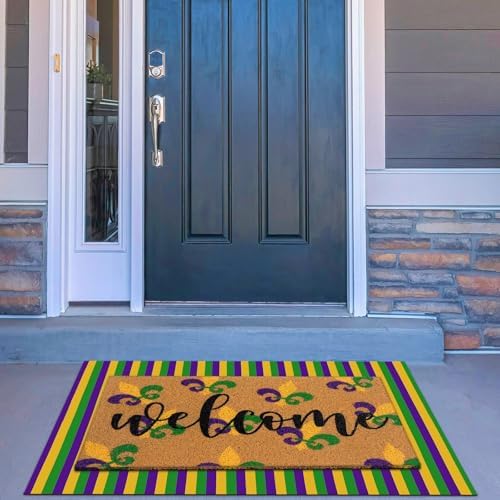 Tinideya 2 Pcs Mardi Gras Layered Welcome Mat for Front Door