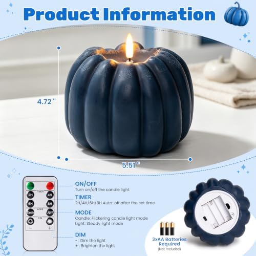 Blue Fall Decor, Fall Decorations for Home, Large Flameless Pumpkin Candle