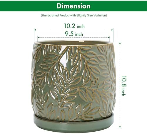 D'vine Dev Embossed Leaves Ceramic Planter, 10 in, Olive, 27-A-P-0