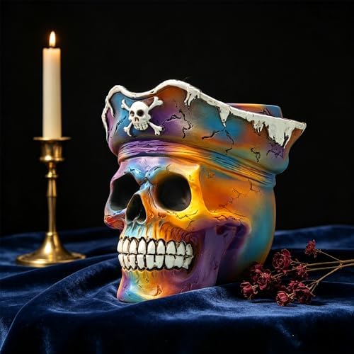 Funky Iridescent Skull Planter, Rainbow Pirate Skeleton Flower Pot for Plant Lover Gift, Small Decorative Psychedelic Figurine for Trippy Room Shelf Desk Boho/ Pop Art/ Streetwear/ Dark Academia Decor