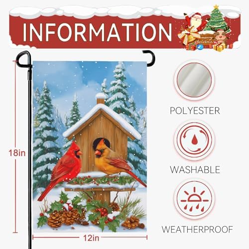 Cardinal Winter Garden Flags 12x18 Double Sided Bird Nest Xmas Outdoor Decor Flag Snow Scenery Yard Flags for Outside Farmhouse Lawn