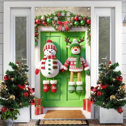BlissYard Christmas Door Cover Reindeer Snowman 35x71 Inch Polyester