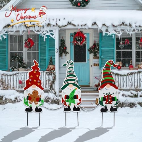 WONDER GARDEN 3 PCS Christmas Gnomes Yard Signs Stake with LED Light Decor