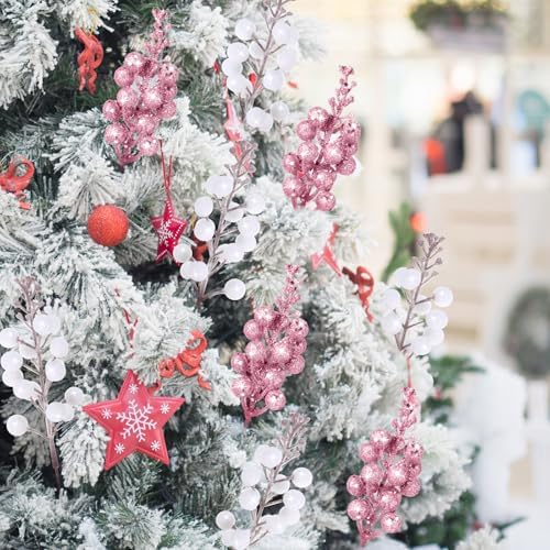 Geosar 36 Pcs Christmas Glittered Berries Stems, White, Pink