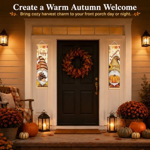 Happy Thanksgiving Gnome Door Banner Set of 2, Pumpkin Porch Decor for Home