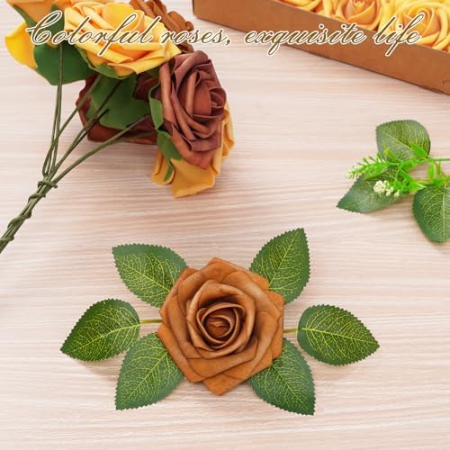 BLEUM CADE 16Pcs Artificial Flowers Fake Foam Roses with Stems for Wedding
