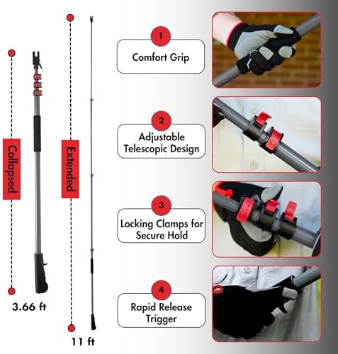 Ultra XT Dual Head Telescoping Pole | Extension Pole for Hanging & Removing String Lights, Christmas Lights & Decorations, 11ft Reach with Gutter, Shingle & Eave Compatibility, Includes 25 Light Clips