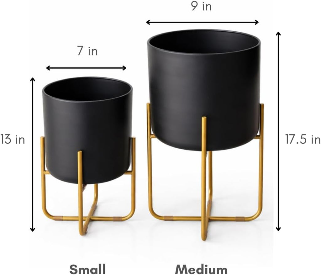 Kirpi Modern Planter Pots, Set of 2 Round Black Planters with Gold Stand, Decorative Floor Planters, Steel Pots with
