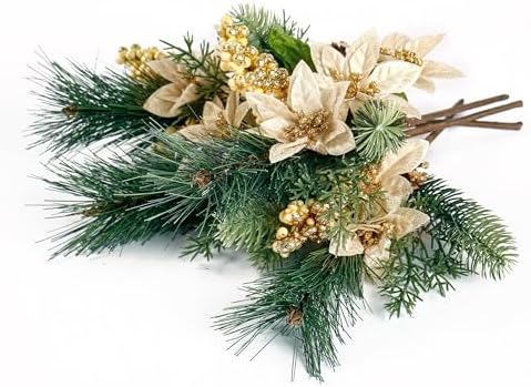 Sggvecsy 6 Pack Artificial Christmas Poinsettia Picks With Faux Berries, Pine Stems, Branches and Cones for Xmas Tree Wreath DIY Craft Floral Arrangement Holiday Decor (Gold)