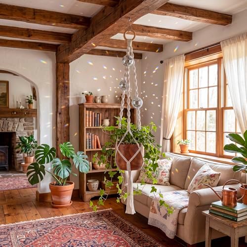 Shappy Macrame Disco Ball Plant Hanger, Boho Hanging Planter Home Decor