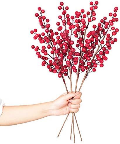 DearHouse 4 Pack Artificial Red Berry Stems Holly Christmas Berries for Festival Holiday Crafts and Home Decor, 20 Inches Burgundy Berry Floral Christmas Tree Decoration