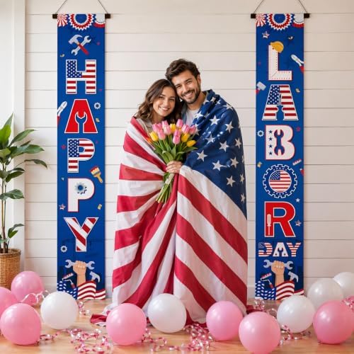 Labor Day Decorations Outdoor - 2 Pcs Happy Patriotic Door Banner