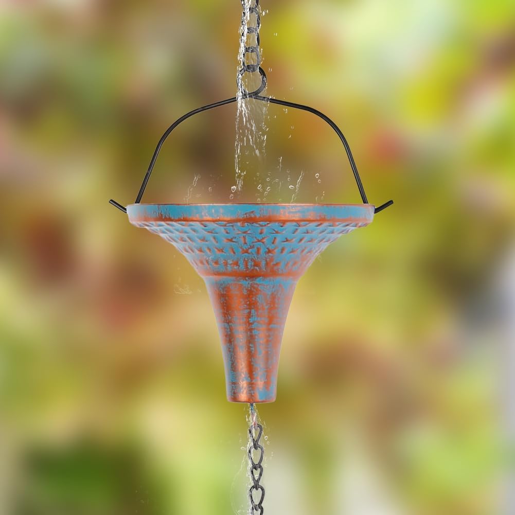 10 Ft Rain Chains for Gutters, Rain Catcher Chain for Eaves Drainage | Metal Rain Gutter Chains with 10 Blue Funnel