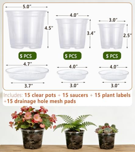 15-Pack Clear Nursery Pots with Saucers (3/4/5 Inch)