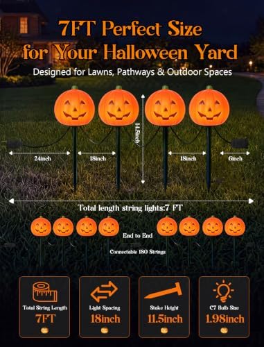 Halloween Pumpkin Pathway Lights Outdoor, 7Ft 4PK LED Pumpkin Stake Lights