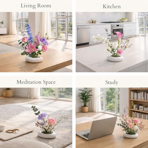 Japanese Flower Frog Vase Set, White Ceramic