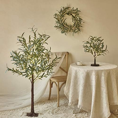 Hairui Lighted Artificial Olive Garland 6FT 96 LED Fairy Lights Battery Operated, Faux Vine Lights with Timer for Spring Christmas Holiday Fireplace Decor