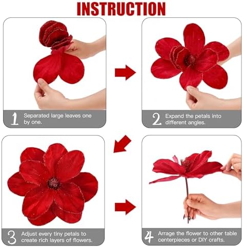 Sggvecsy 10Pcs Christmas Glitter Flowers Velvet Magnolia Flower Christmas Tree Ornaments Artificial Poinsettia Floral Picks for Xmas Wedding DIY Crafts Wreath Party Floral Decorations(Red)
