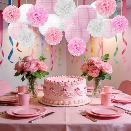 18 PCS Pink White Paper Lanterns & Tissue Paper Pom Poms for Girls Birthday, Baby Shower, Wedding, Bridal Shower, Hanging Paper Decor, Party Decoration Set for Indoor Outdoor Events Party Supplies
