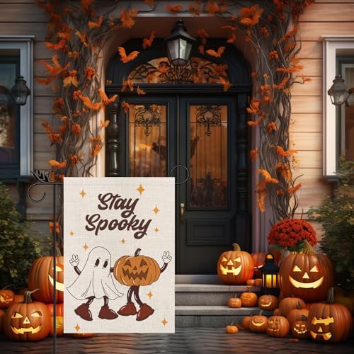 Halloween Garden Flag Funny Ghost Pumpkin Star Burlap Double Sided Flag Stay Spooky Farmhouse Holiday Yard Outdoor Decoration 12.5x18 Inch