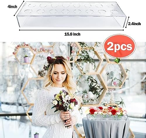 2Pack Clear Acrylic Flower Vase Rectangular, 15.7 Inches 32 Holes