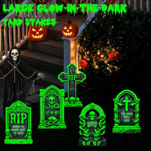 25.2in Glow in The Dark Halloween Tombstones Outdoor Decor - 5PCS Large DIY Graveyard Tombstones for Graves, Halloween Yard Signs with Stakes for Haunted House, Lawn & Party