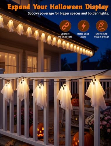 Halloween Ghost String Lights Outdoor, White Fabric Hanging Ghost Lights