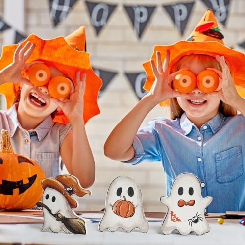 Smile 3 Pcs Wooden Blocks Signs, Happy Halloween Ghost Indoor Decor