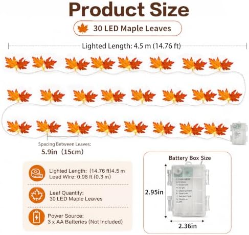 Fall Maple Leaf String Lights, 14.7 ft, 30 LED, Battery-Powered