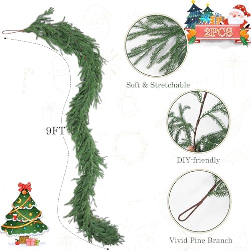 Rowfad 9Ft Norfolk Pine Garland for Mantle Christmas Decorations, 2 Set