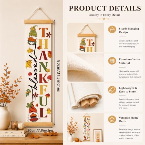 Fall Door Decor Banner, Thankful Gnome Canvas Hanging Banner for Porch