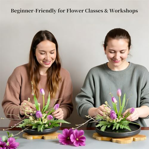 Ikebana Flower Arranging Kit with Ceramic Vase & Kenzan Flower Frog, Beginner Japanese Flower Arrangement Set for Fresh Flowers, Glazed Black Ikebana Bowl for Home Décor, Relaxation & Gift