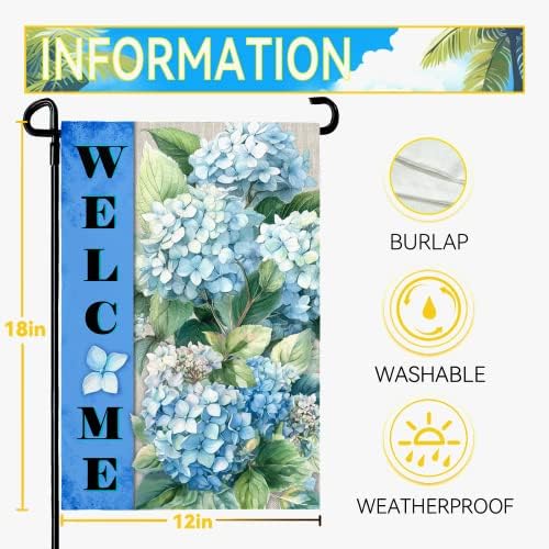 Hydrangea Garden Flags Welcome Spring Summer Yard Flag Waterproof Blue Floral Garden Flag for Outside Double Side Burlap Flowers House Banner Decor Standard Size 12×18 Inch