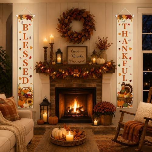 Thankful Blessed Porch Banner for Thanksgiving Decorations
