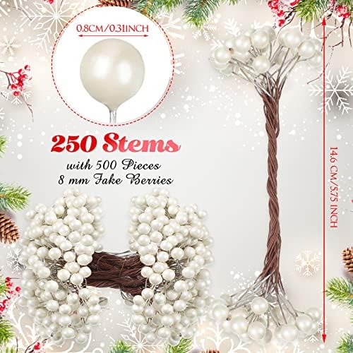 BBTO Artificial Holly Berries on Wire Stems, 250 Stems with 500 Pieces 8 mm Fake Berries for Christmas Tree Decorations Wreath Craft Use Wedding Party Favor (White)