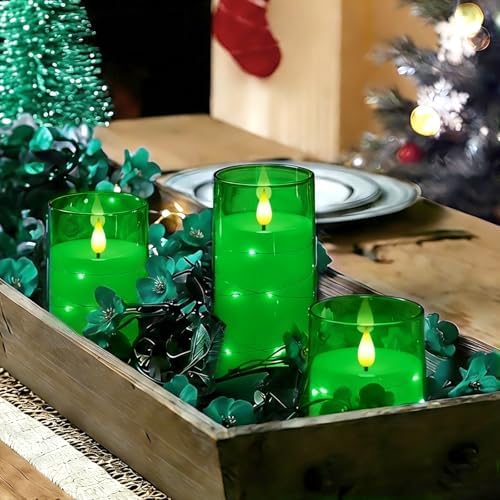 Homemory Flickering Flameless Candles, Green LED Pillar Candles with Remote