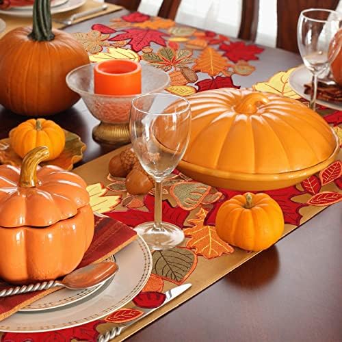 Fall Placemats Set of 6 Thanksgiving Embroidered Maple Table Mat, 11x17 in