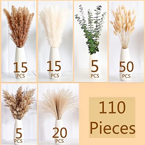 110 PCS of Boho Pampas Grass Decor, Naturally Dried Pompas, Bunny Tails Dried Flowers, and Dried Eucalyptus. Perfect for Weddings, Boho Party Decorations, and Table Decor. (Pack of 2)