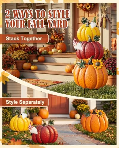 Outdoor Fall Pumpkin Decorations – 34.6" Metal Garden Stakes with 3 Stacked Pumpkins, Decorative Autumn Yard Signs for Porch Garden Lawn & Thanksgiving Decor
