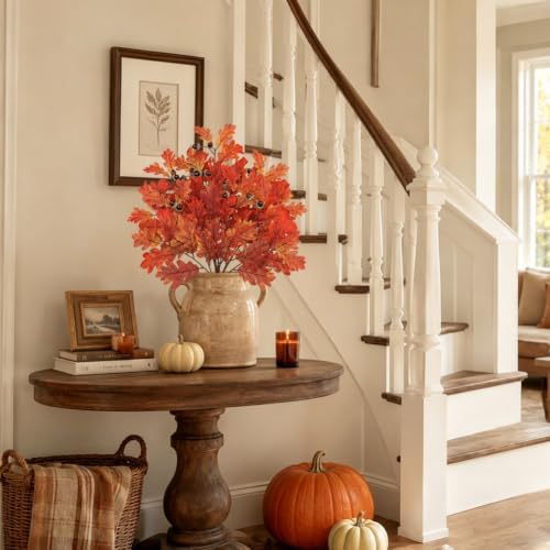 Faux Oak Leaf Branches with Acorns, 2Pcs Fall Stems for Vase, Burnt Orange