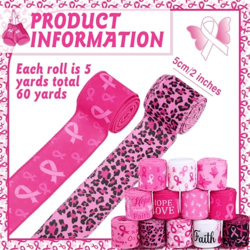 12 Rolls 60 Yards Breast Cancer Wired Ribbon Pink Butterfly Bows