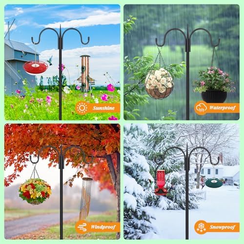 FEED GARDEN Small Shepherds Hook 63" Double Hooks Adjustable (47/63") - Alloy Steel 5-Prong Base, 12lb Capacity - Easy Assembly Bird Feeder Pole for Hanging Planters, Lanterns, Wind Chimes