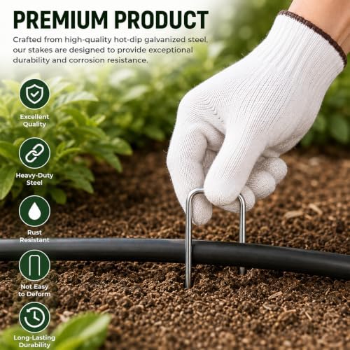 FEED GARDEN Landscape Staples 6 Inch 100 Pack, Heavy Duty 11Gauge Hot-Dip Galvanized Garden Stakes for Weed Barrier, Landscape Fabric, Sod, Turf, Garden Hose & Christmas Lights