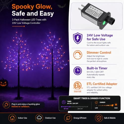 6FT LED Lighted Halloween Tree 2-Pack Orange Purple Lights Décor