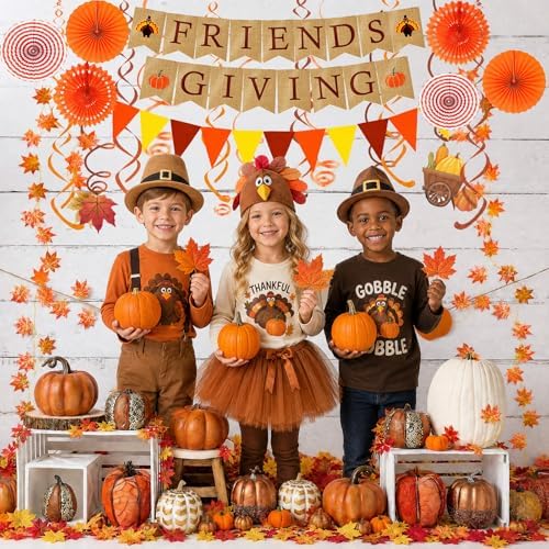 Famoby FRIENDSGIVING Paper Banner Triangular Bunting Maple Leaf Garland Plastic Streamer Paper Fans for Autumn Harvest Thanksgiving Day Party Decoration (Not Burlap)