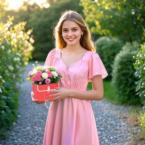 baotongle 6pcs Flower Paper Gift Box Bouquet Storage Bucket Handbag with Metal Chain Flower Boxes for Arrangements Wedding Mother's Day Birthday Bridal Shower (Red)