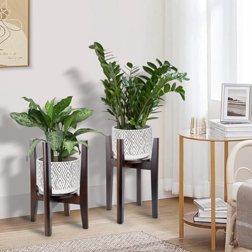 2 Packs Adjustable Plant Stand with Tray,Indoor Wood Plant Stand Fit 8'' to 12'' Planter,Mid Century Modern Flower Pot Holder Rack(Plant and Pot Not Included) Walnut