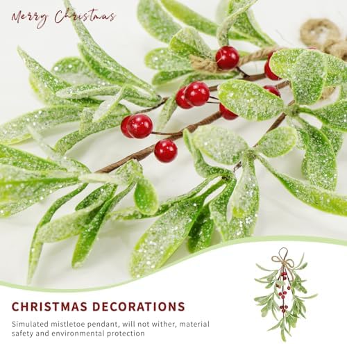 2 Pcs Frosted Mistletoe Hanging Decorations, 10.6'' Artificial Mistletoe Ornament Hanging Kissing Ball with Berry for Christmas Winter Holiday Decor (2, Red)